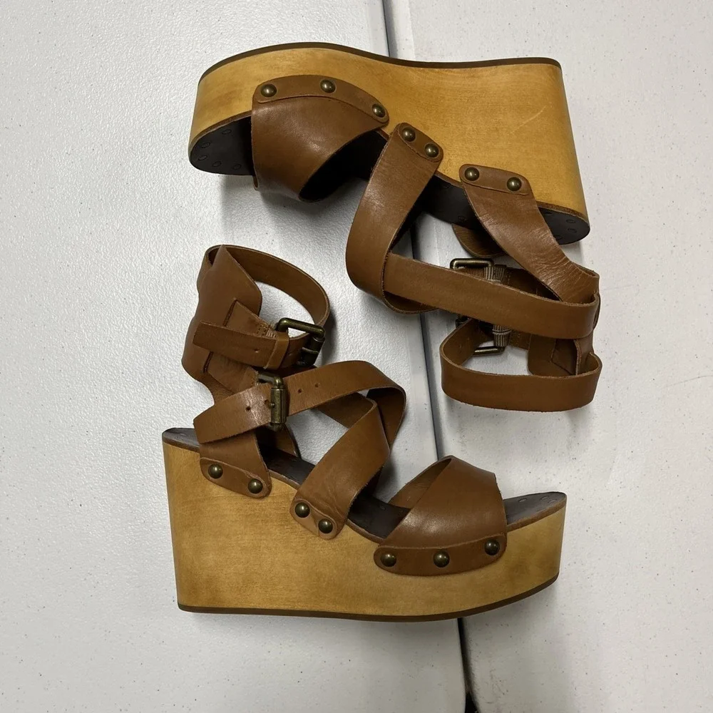 Ash Sandal Wedge‎ Strappy Wrap Ankle Platform Brown Leather Size 37 6.5 Studded